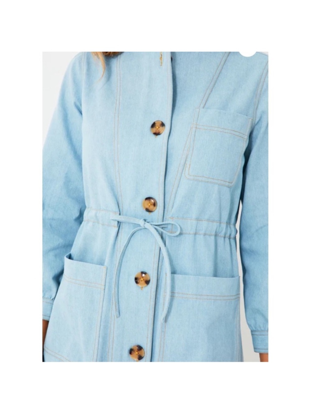 Tuckernuck Crosby Chambray Dress Button Front Tie Waist Pockets Light Blue - Picture 3 of 15